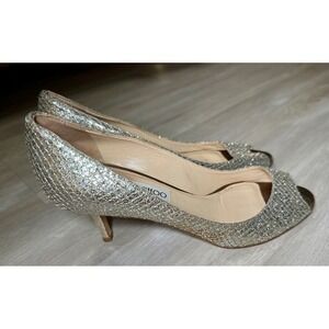 Jimmy Choo Glitter Peep Toe Kitten Heel Pumps Silver Women's Size‎ 37 us 6.5